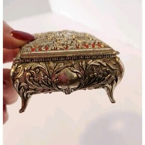 Vtg Silver Tone Jewelry Trinket Vanity Box Red Velvet Floral Angel Romantic Gift